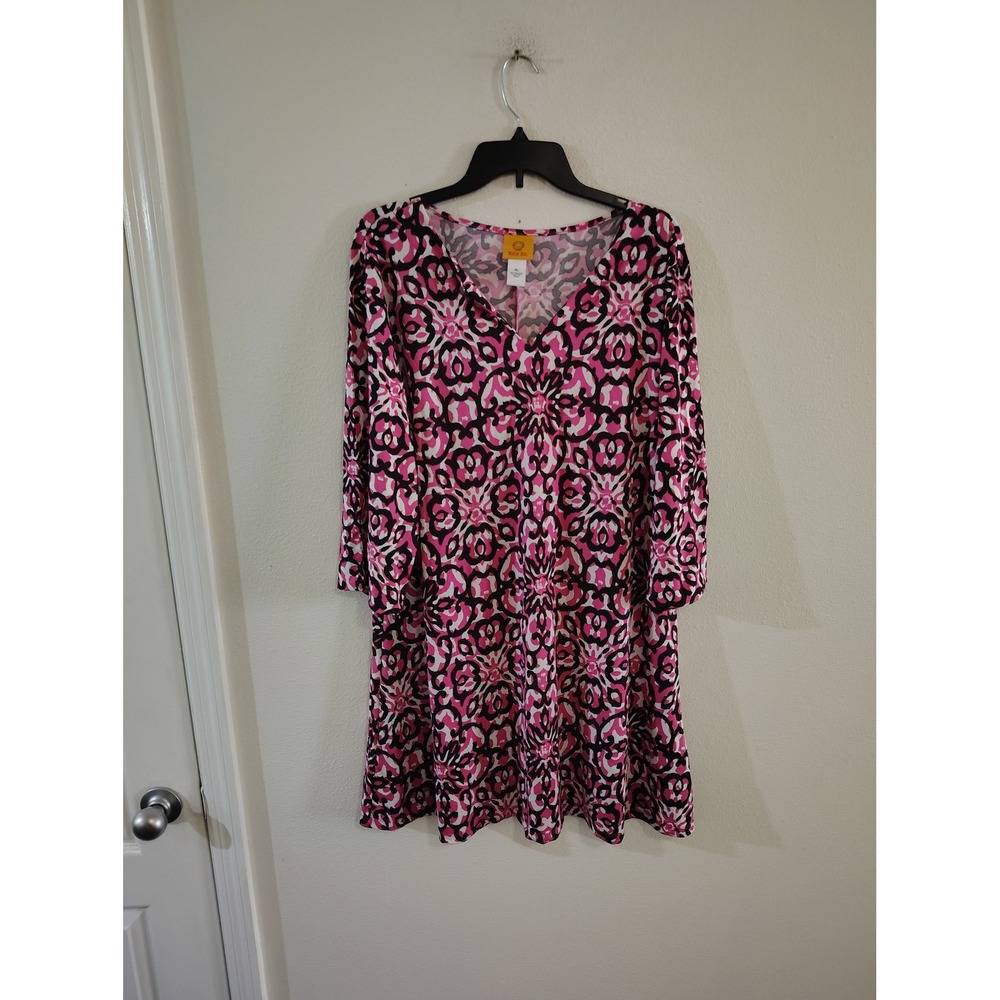 Ruby Rd Womens XL Pink Black Medallion Print V-Neck 3/4 Sleeve A-Line Knit Dress